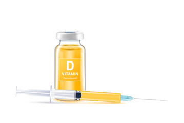Serum collagen vitamin D inside bottle and syringe. Medicine injection of IV drip vitamins and minerals for health. Medical aesthetic concept. Glass vaccine bottle isolated on white background vector. - obrazy, fototapety, plakaty