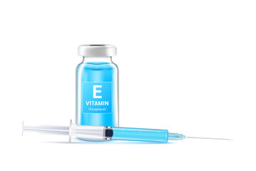 Serum collagen vitamin E inside bottle and syringe. Medicine injection of IV drip vitamins and minerals for health. Medical aesthetic concept. Glass vaccine bottle isolated on white background vector.