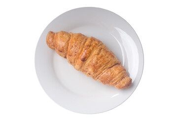 Top view of delicious french croissant on white plate isolated on white background, crisp pastry bread