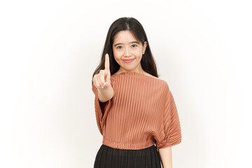 Showing One Finger Of Beautiful Asian Woman Isolated On White Background