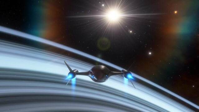 Animation featuring a spacecraft flying through the rings of an exoplanet towards its main star
