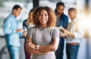 I only work with the best. Portrait of an attractive young designer standing in the office with her colleagues in the background.