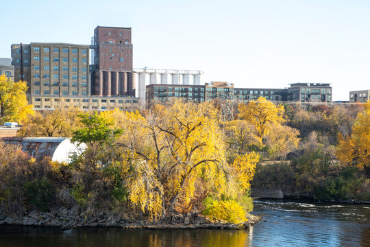 Mississippi River running through Minneapolis Minnesota on a beautiful fall day with the trees turning color