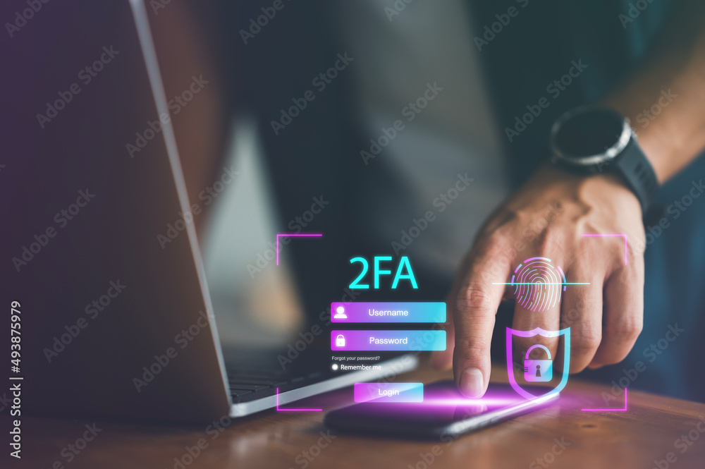 Aufkleber protection with 2Fa, Two-Factor Authentication, Cybersecurity privacy protect data. internet network security technology. Encrypted data. Personal online privacy. Cyber hacker threat.