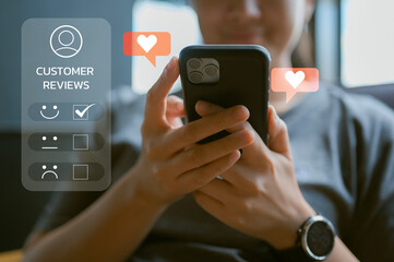 Customer review satisfaction feedback survey concept, User give rating to service experience on online application, Customer can evaluate quality of service leading to reputation ranking of business