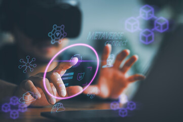 Hand pointing virtual Global Internet connection metaverse. Business global internet connection application technology and digital marketing, Financial and banking, Digital link tech, big data.