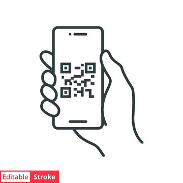 QR code scanning in smartphone screen. Hand holding Mobile phone. Simple line icon style, barcode scanner for pay, web, mobile app. Vector illustration isolated. Editable stroke EPS 10.