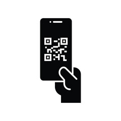 QR code scanning in smartphone screen. Hand holding Mobile phone. Simple solid icon style, barcode scanner for pay, web, mobile app. Vector illustration isolated. EPS 10.