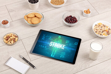 Tablet Pc with fruits, medical concept