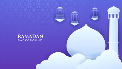 Islamic Ramadan background banner with mosque arabic pattern lantern moon crescent star. Design for Eid Adha, Eid Fitr, Muharram, Mawlid Nabi Prophet, Islamic New Year. Vector illustration.