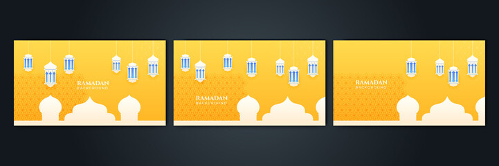 Islamic Ramadan background banner with mosque arabic pattern lantern moon crescent star. Design for Eid Adha, Eid Fitr, Muharram, Mawlid Nabi Prophet, Islamic New Year. Vector illustration.