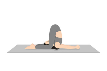 Ear Pressure Pose, Halasana Variation Knees to Floor, Deaf Mans Pose. Beautiful girl practice Karnapidasana. Young attractive woman practicing yoga exercise. working out, black wearing sportswear