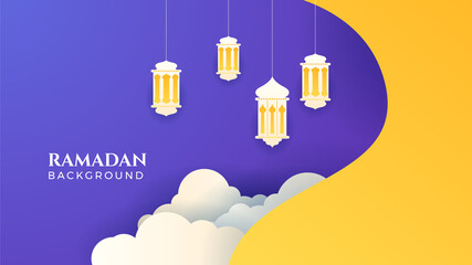 Islamic Ramadan background banner with mosque arabic pattern lantern moon crescent star. Design for Eid Adha, Eid Fitr, Muharram, Mawlid Nabi Prophet, Islamic New Year. Vector illustration.