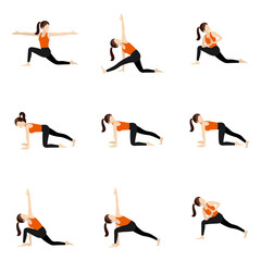 Yoga asanas set with twisted poses / Illustration stylized woman practicing twisted asanas
