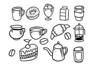 Sweet breakfast food hand drawn doodle set elements. Coffee and dessert vector illustration.