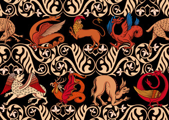 Medieval mythical animals, illuminati manuscript inspiration, romanesque style. Seamless pattern, background. Vector illustration.