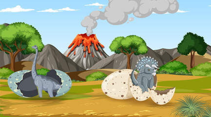 Prehistoric forest with dinosaur cartoon © blueringmedia