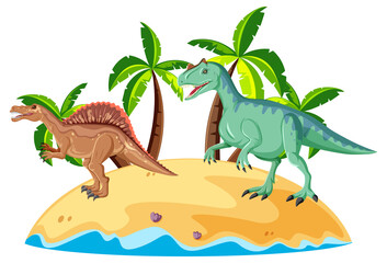 Scene with dinosaurs spinosaurus and carnotaurus on island
