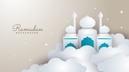 Islamic Ramadan background banner with mosque arabic pattern lantern moon crescent star. Design for Eid Adha, Eid Fitr, Muharram, Mawlid Nabi Prophet, Islamic New Year. Vector illustration.