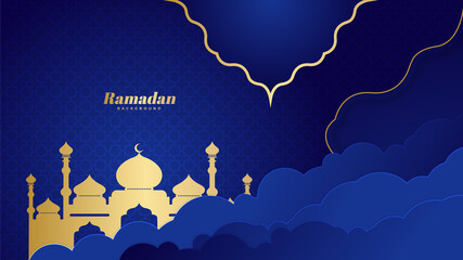 Islamic Ramadan background banner with mosque arabic pattern lantern moon crescent star. Design for Eid Adha, Eid Fitr, Muharram, Mawlid Nabi Prophet, Islamic New Year. Vector illustration.