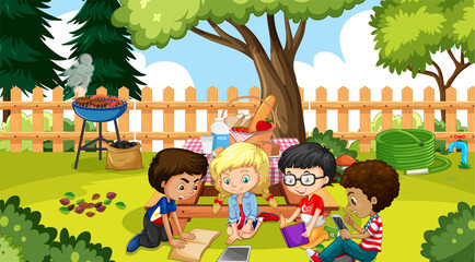 Obraz na płótnie Canvas Four kids doing homework in garden