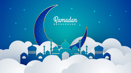 Islamic Ramadan background banner with mosque arabic pattern lantern moon crescent star. Design for Eid Adha, Eid Fitr, Muharram, Mawlid Nabi Prophet, Islamic New Year. Vector illustration.