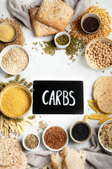 Best sources of carbs on light gray background.