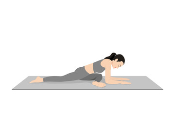 Sleeping Swan Pose Forearms. Beautiful girl practice Kapotasana Ii Forearms, Svarga Dvidasana. Young attractive woman practicing yoga exercise. working out, black wearing sportswear, grey pants