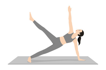 Side Plank Starfish. Beautiful girl practice Vasisthasana Starfish. Young attractive woman practicing yoga exercise. working out, black wearing sportswear, grey pants and top, indoor full length