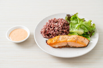 grilled salmon fillet steak with rice berry and vegetable