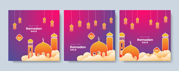 Islamic ramadan kareem sale social media post feed story template. Ramadan square greeting card for promotion marketing with islamic middle east mosque. Vector illustration.