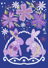 Pair of Easter bunnies with flowers