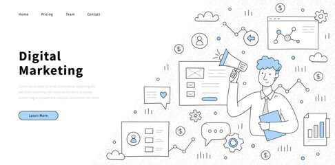 Digital marketing banner with businessman with megaphone, website screen, graph and money. Vector landing page of online market strategy with doodle illustration