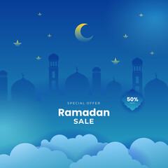 Obraz na płótnie Canvas Islamic ramadan kareem sale social media post feed story template. Ramadan square greeting card for promotion marketing with islamic middle east mosque. Vector illustration.