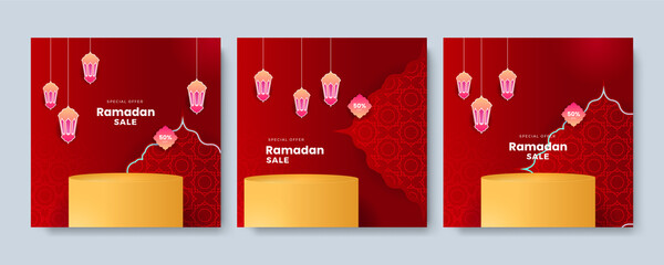 Islamic ramadan kareem sale social media post feed story template. Ramadan square greeting card for promotion marketing with islamic middle east mosque. Vector illustration.