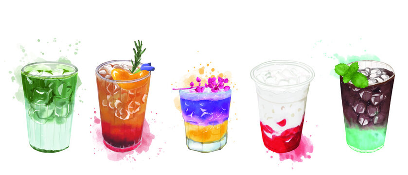 Watercolor vector of colorful drinks in glasses