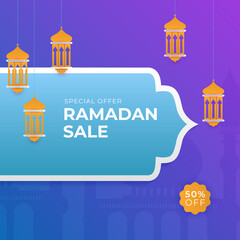 Islamic ramadan kareem sale social media post feed story template. Ramadan square greeting card for promotion marketing with islamic middle east mosque. Vector illustration.