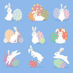 Set of Easter rabbits with fancy eggs. Flat design.