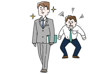 人を妬んでいる男性　コミカルな手書きの人物　ベクター、線画にシンプルな色つけ　