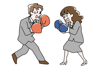 ボクサーグローブをつけて戦うビジネスマン（男女）コミカルな手書きの人物　ベクター、線画にシンプルな色