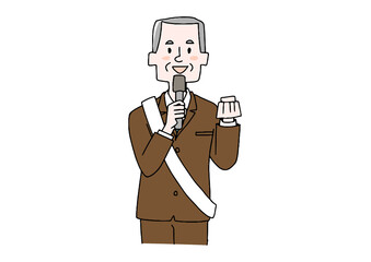 選挙演説をする立候補者（高齢男性）コミカルな手書きの人物　ベクター、線画にシンプルな色つけ　
