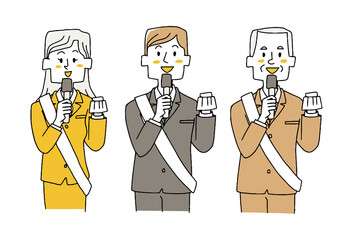 
選挙演説をする立候補者（セット）コミカルな手書きの人物　ベクター、線画にシンプルな色つけ　
