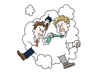 激しく喧嘩する様子（男性と男性）コミカルな手書きの人物　ベクター、線画にシンプルな色つけ　