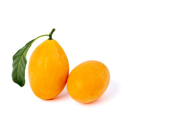 Mayongchit ,  sweet yellow gooseberry with stem and leaves.
Ripe golden yellow, juicy, sweet, and sour mix. isolated on white background.