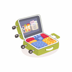 Suitcase with wheels is open. Collecting luggage for a trip. Cartoon illustration on white background