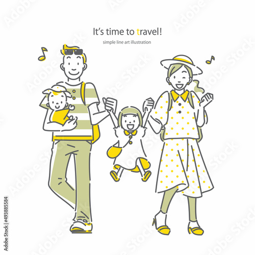 旅行を楽しむ若い4人家族 シンプルでお洒落な線画イラスト Active Poster Acti Fumika Shibata