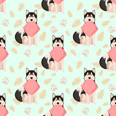 Seamless pattern with funny dogs. Husky. Cartoon design.
