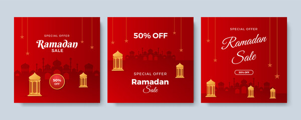 Islamic ramadan kareem sale social media post feed story template. Ramadan square greeting card for promotion marketing with islamic middle east mosque. Vector illustration.