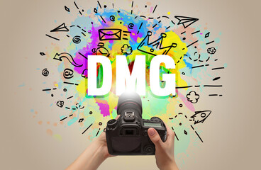 Close-up of a hand holding digital camera with abstract drawing