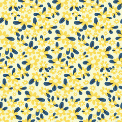 A simple floral print with small yellow flowers and leaves on a light field. Seamless pattern, liberty botanical background with tiny hand drawn flowers. Romantic surface with simple plants. Vector.